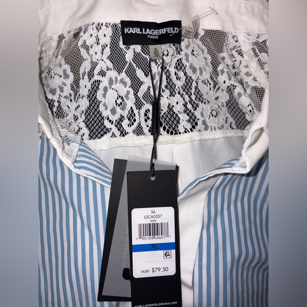 Karl Lagerfeld NWT Blue and White Striped Shirt with Lace Detail at Collar - Picture 2 of 7